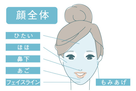 顔の医療脱毛イラスト ひたい 頬 鼻下 あご フェイスライン もみあげ