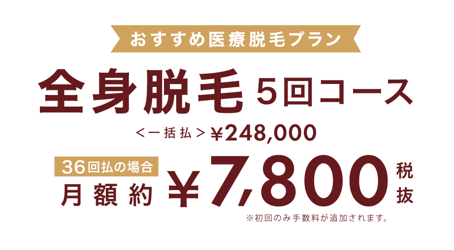おすすめ医療脱毛プラン 全身脱毛5回コース一括払248,000円 36回払いの場合¥7,800円